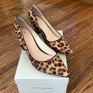 Marc Fisher Zalay leopard print pony hair pumps.